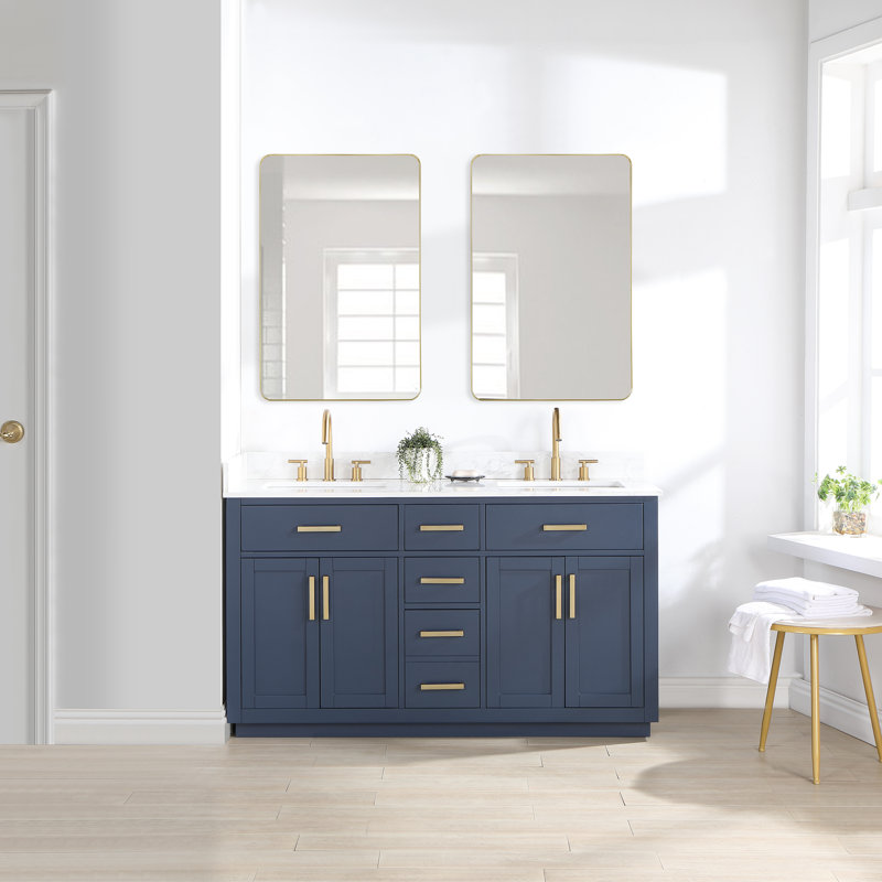 Gavino Double Bathroom Vanity Set with Mirror, Blue, Gold, 60"