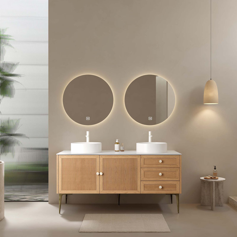 Meuble-lavabo 60 po avec 2 lavabos, 3 tiroirs et 2 portes, lavabo en céramique sans robinet, pré-assemblé, Chêne, 60"