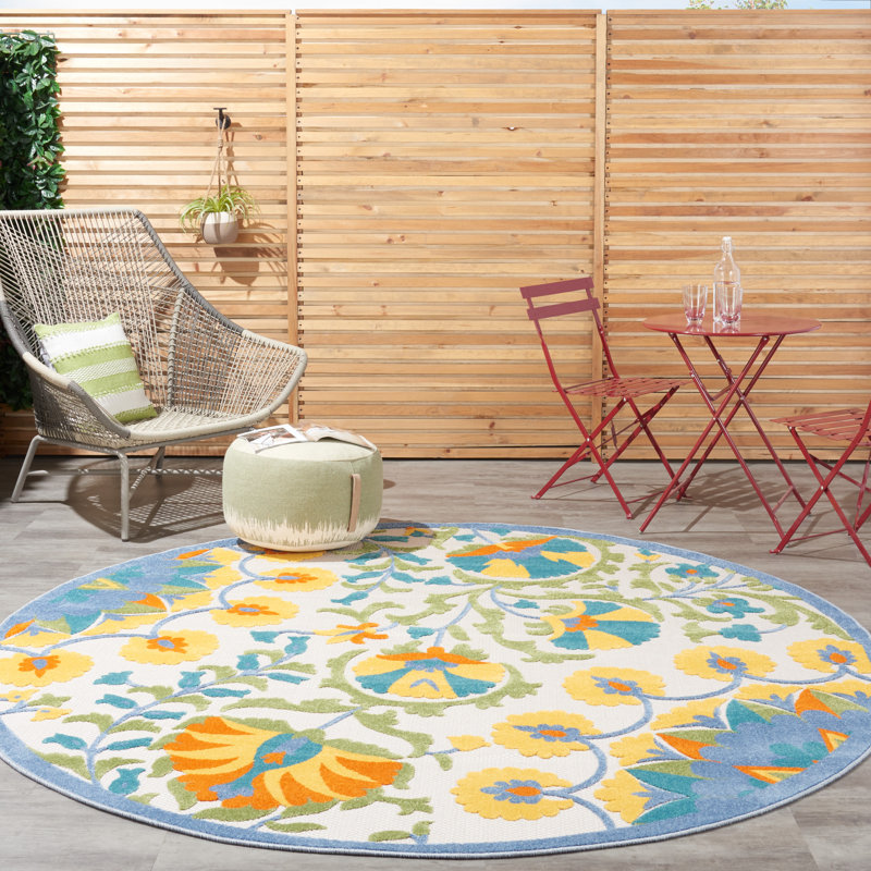 Adalia Floral Green/Yellow/Blue Indoor/Outdoor Area Rug, Round 7'10"