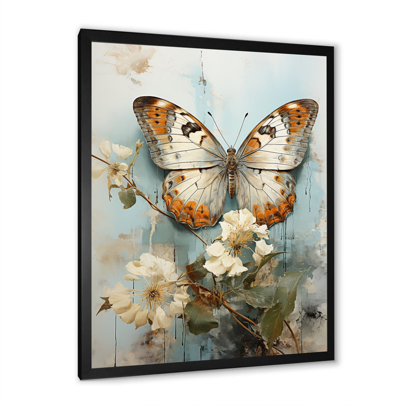 «Transcendent Neutrals Portray Butterflies I» - Décoration murale papillon, H 44 po x l 34 po x P 1,5 po, Cadre photo noir