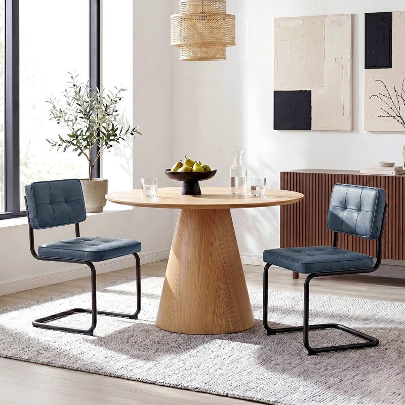 Marlow 19.3" H Mid-Century Modern Tufted Faux Leather Side Dining Chair with Steel Frame, Blue, Matte Black