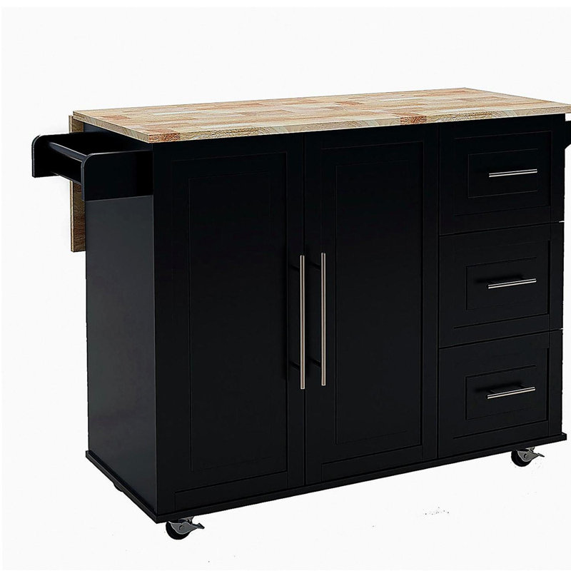 Îlot de cuisine avec support à épices, porte-serviettes et plateau en bois massif extensible - noir