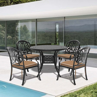 5-Piece Cast Aluminum Patio Furniture Set With Black Frame And Brown Seat Cushions
