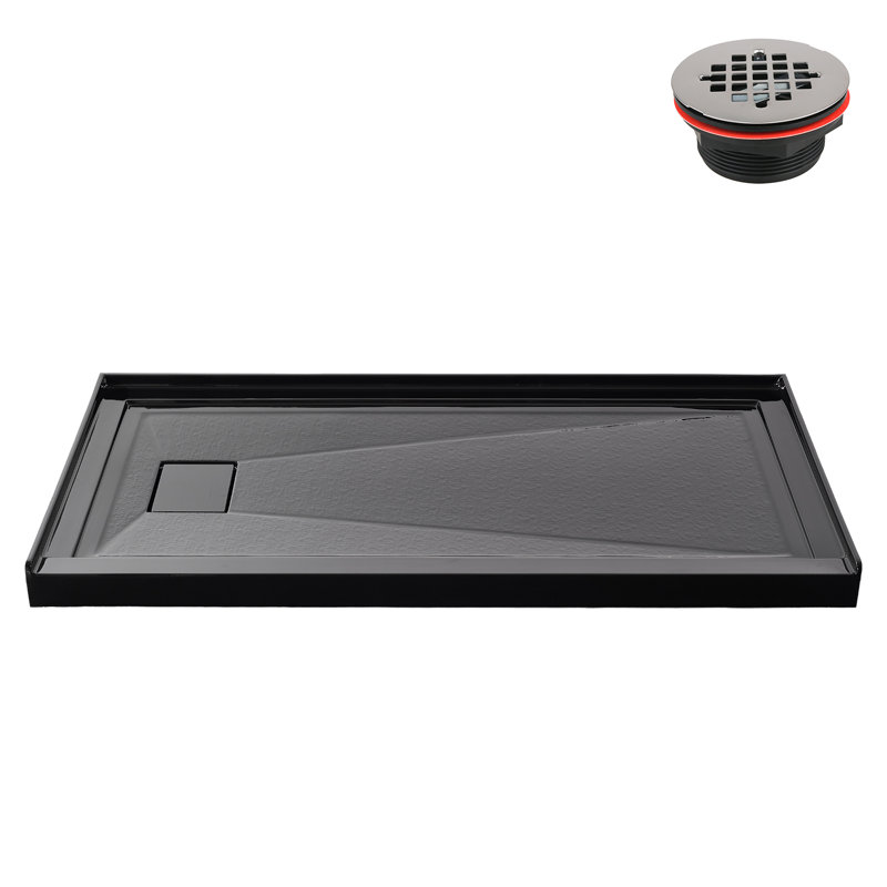 72 in. x 36 in. Alcove Acrylic Shower Base in Glossy Black With Left Drain, Drain Included, Glossy Black