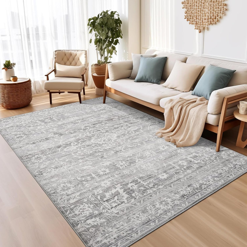 Machine Washable Medallion Floral Area Rug(Grey), Rectangle 6' x 9'