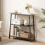 Console étroite avec tablettes de rangement à 3 niveaux, canapé d'entrée moderne avec structure en métal, grège et noir