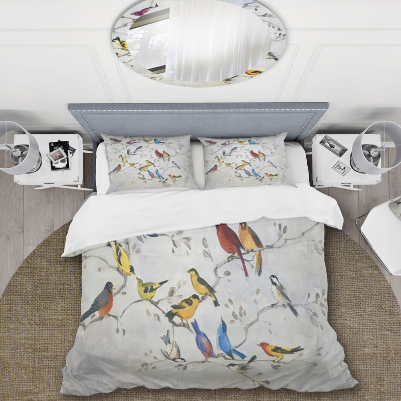 Multi-Color Bird Print Microfiber Full/Queen Duvet Cover Set