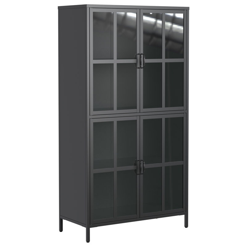 Armoire de rangement en métal noir de qualité supérieure avec portes en verre trempé, tablettes réglables, dispositif anti-basculement, fermeture silencieuse magnétique et pieds réglables pour la maison et le bureau