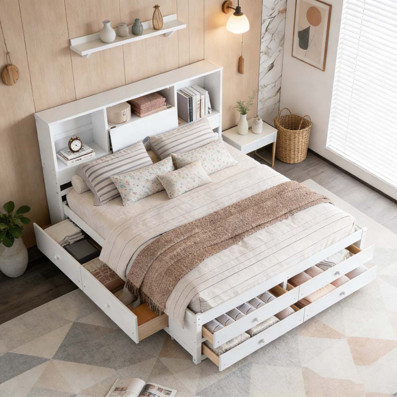 Lit plateforme avec tête de lit avec rangement et 8 tiroirs, Blanc, Très grand lit