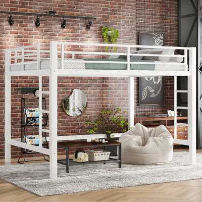 Grand lit mezzanine en métal, lit mezzanine avec échelle facile à monter et garde-corps, blanc