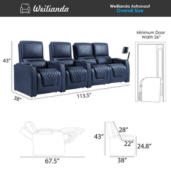 Canapé inclinable électrique Haiylee , Cuir véritable bleu