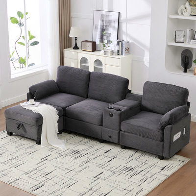 L-Type Multifunctional Corduroy Sofa With 4-Seater Segmented Design, Cup Holder, USB Interface, Storage Box, Movable Console And Ottoman Storage