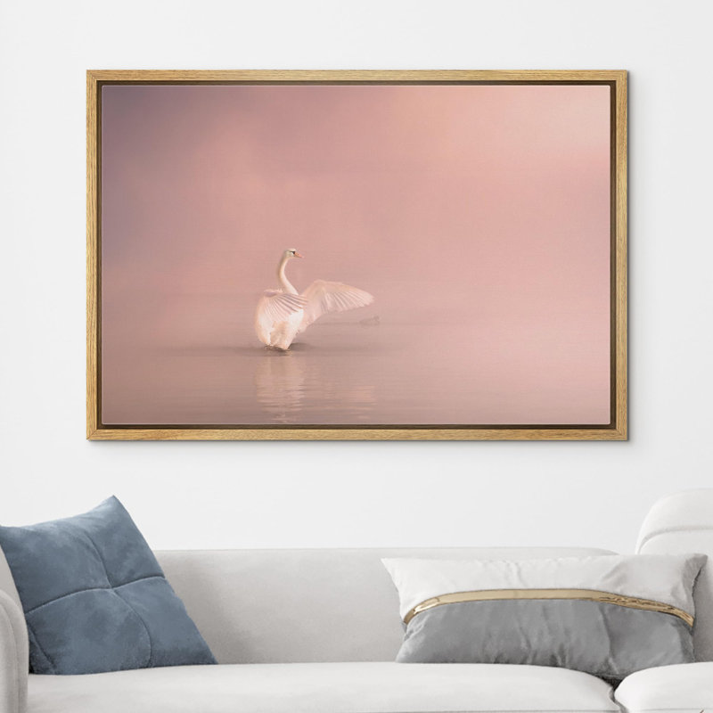 Cygne au lac rose pastel sur toile, H 16 po x l 24 po x P 1,5 po, Cadre naturel