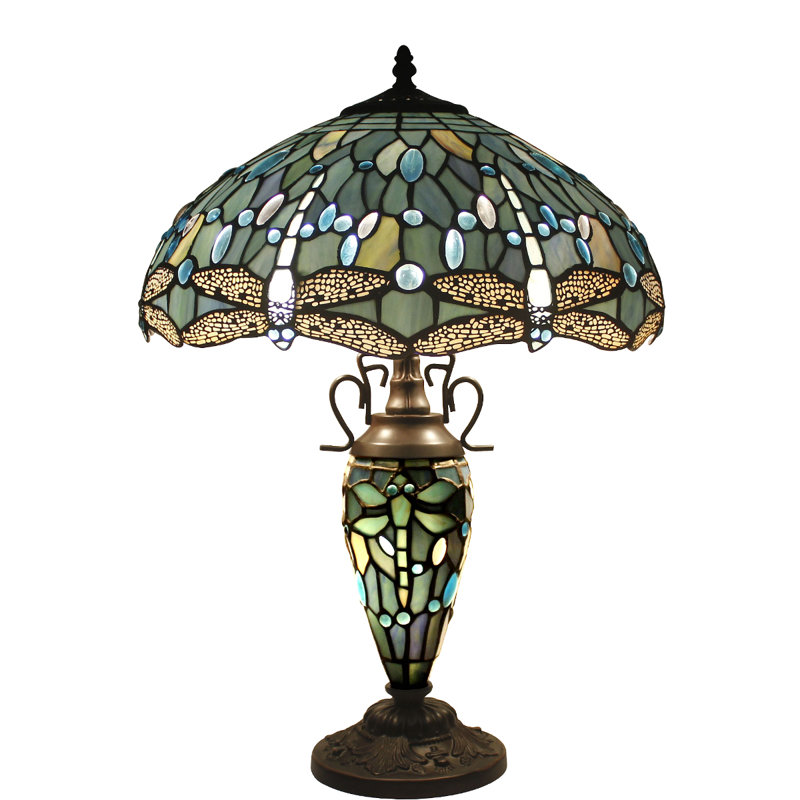 Bloomsbury Market Tiffany Table Lamp With Nightlight Rustic Large 24 Tall Sea Blue Stained Glass Dragonfly Style Vintage Base... 