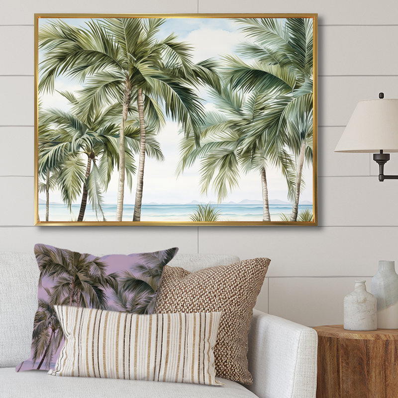 Palmiers sur la plage I - Art mural palmiers et palmiers, H 34 po x l 44 po x P 1,5 po, Cadre flottant doré