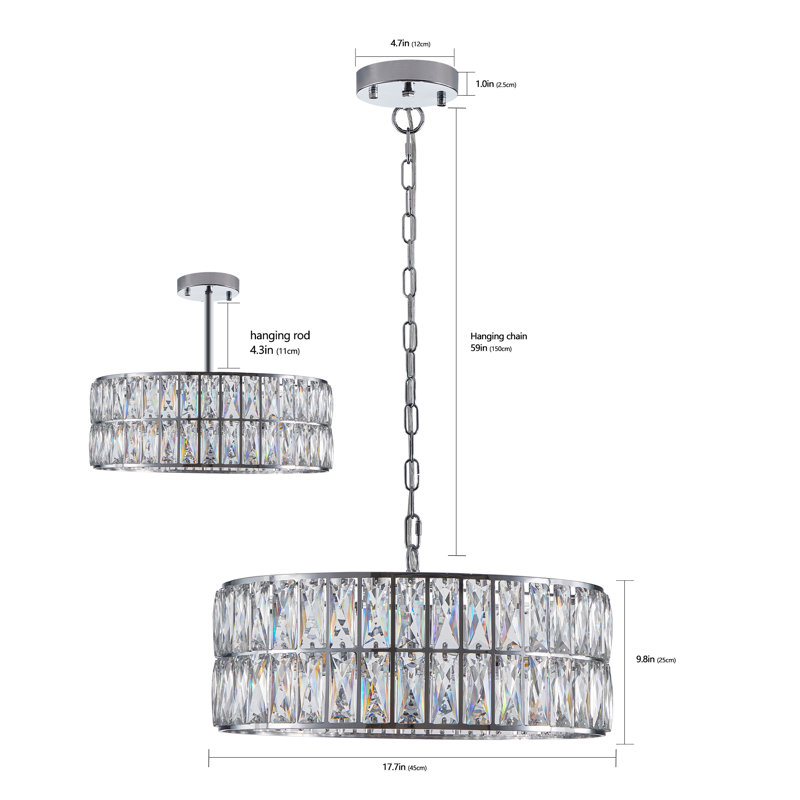 Lustre tambour moderne en cristal avec design à 6 lumières et hauteur réglable, Chrome chrome