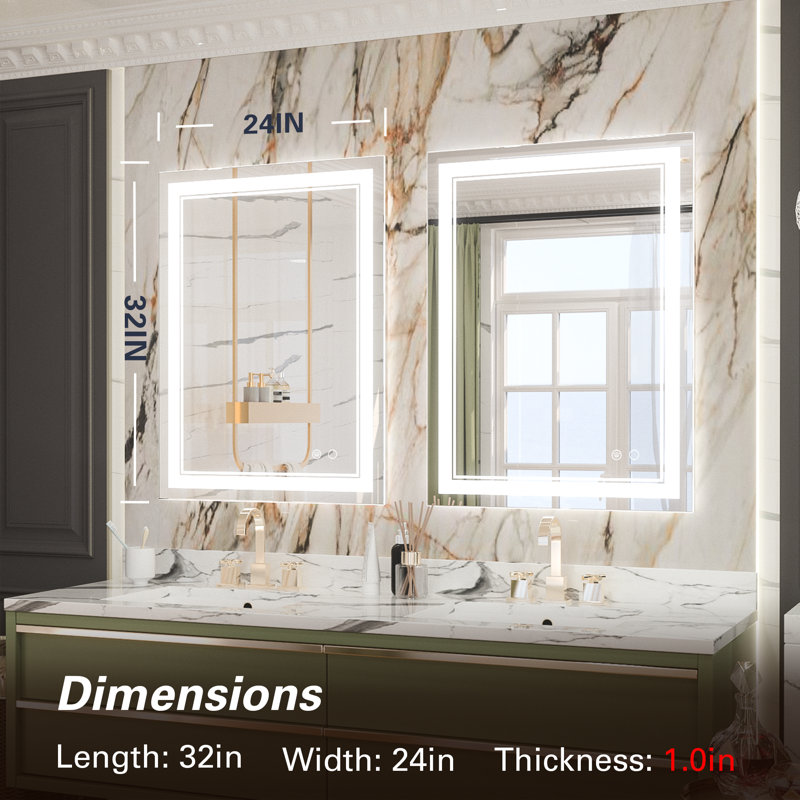 Adorna Frameless LED 3 Color Dimmable Lighting Bathroom Vanity Mirror, Memory Function, Anti-fog, 24" x 32"