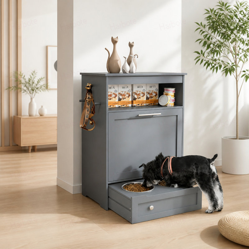 Pet Feeder Station Storage Cabinet, with Dog Raised Bowls, Grey