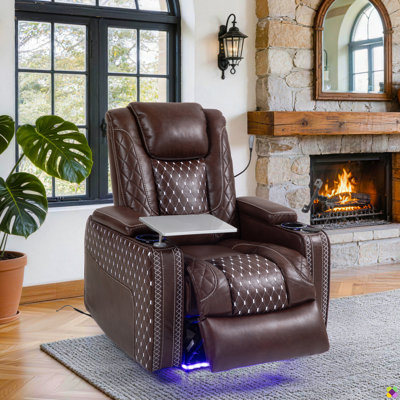 Ryun 34.25"W Faux Leather Recliner, Reading Light, USB, Arm Table & Console Box, Cup & Phone Holder