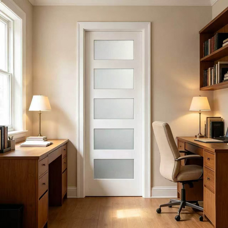 Porte intérieure 80 po x 80 po, panneau de fibres à densité moyenne et bois massif, 3/8 po Panneau de verre givré 5-Lite