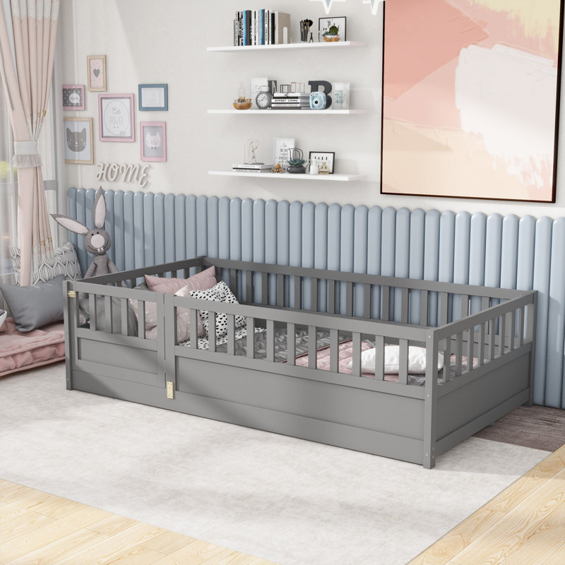 Twin Size Montessori Floor Bed With High Security Barrier & Door, Gray, Gray, Twin