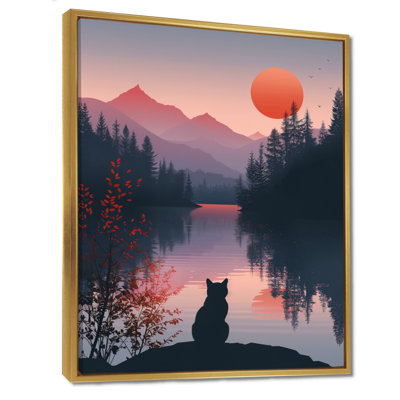 Silhouette de chat rose noir, Sunset Lake III - art mural chat