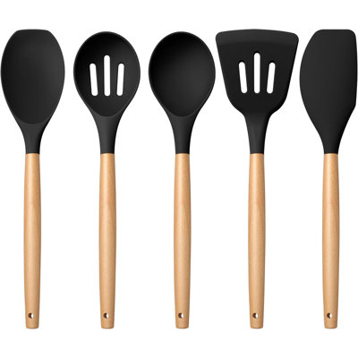 5-Piece Silicone Cooking Utensils Set With Wooden Handle, Nonstick Kitchen Tools For Safe And Efficient Cooking, Heat Resistant And Nontoxic