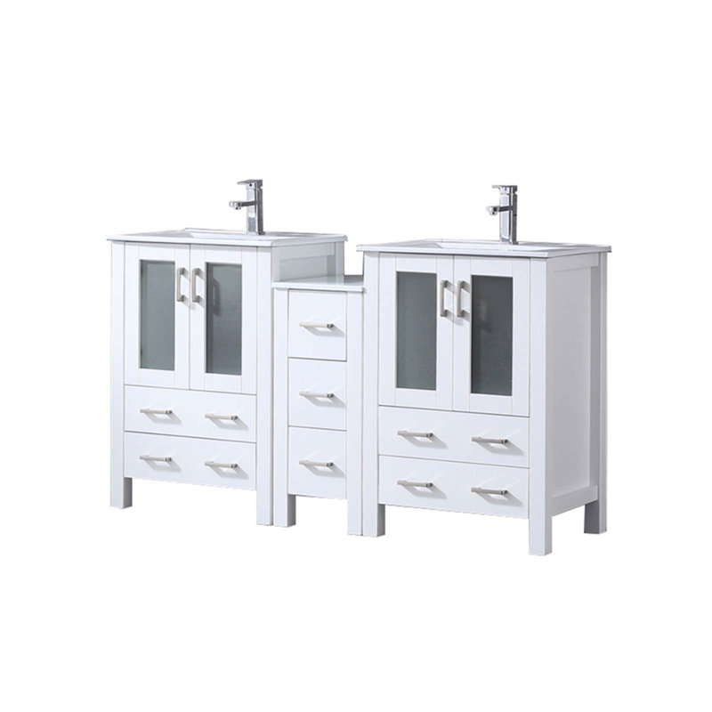 Ensemble de meuble-lavabo double luxueux avec armoire latérale et robinet de qualité supérieure, Blanc