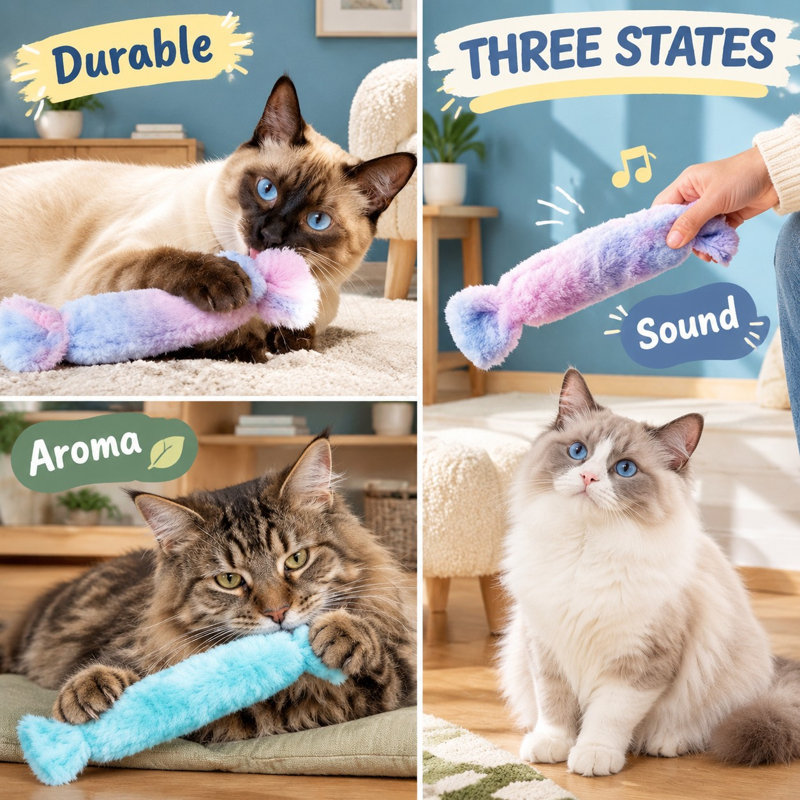 Ensemble de 3 coussins à herbe à chat en forme de bonbon avec papier crissant pour chatons d'intérieur