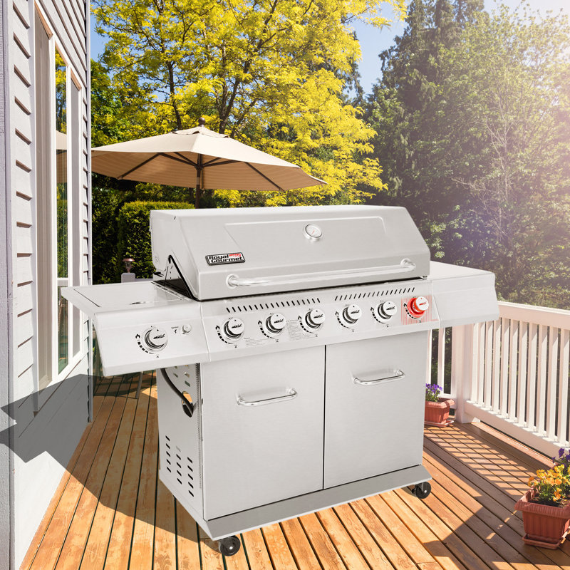 Barbecue au propane liquide sur pied à 6 brûleurs 74 000 BTU avec brûleur latéral et armoire Royal Gourmet, Acier inoxydable