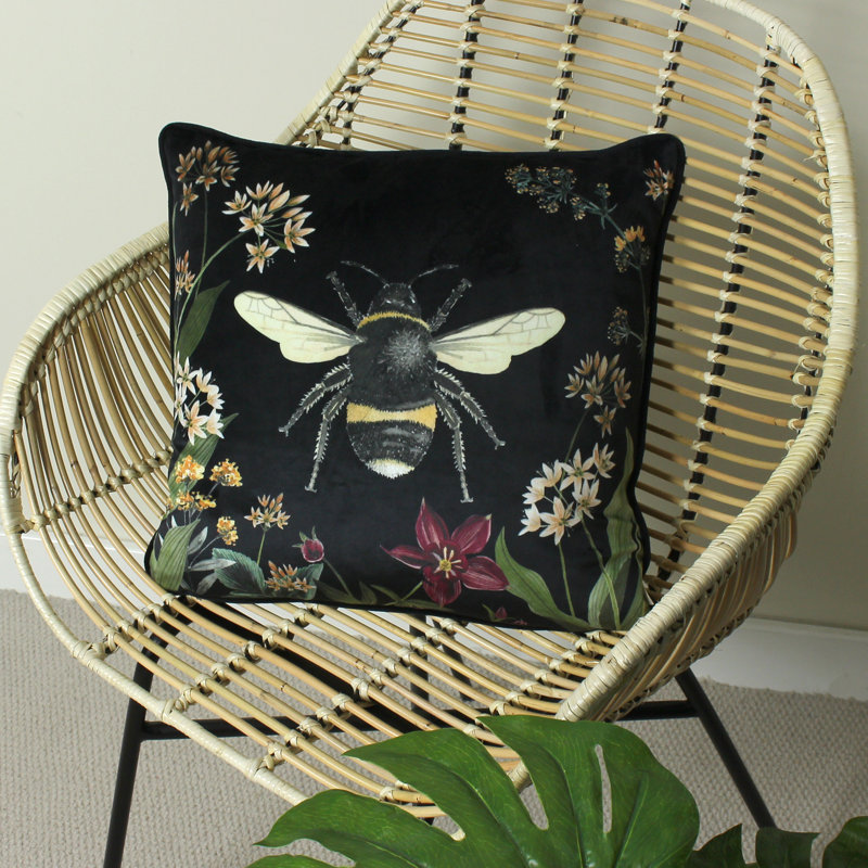 Midnight Garden Bee Velvet Piped Cushion, Feathers