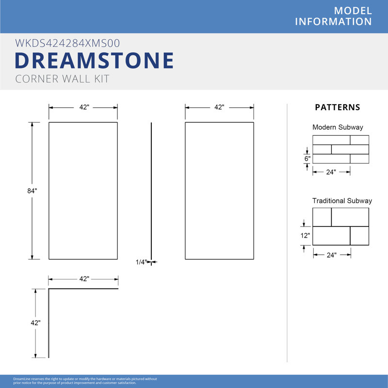 DreamLine DreamStone 42 in. D x 42 in. W x 84 in. H Corner Shower Wall Kit in White Modern Subway