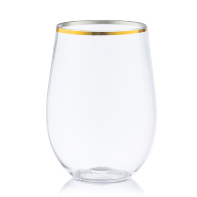 Disposable Gold Rim Stemless Plastic Wine Glasses Goblet 16 oz