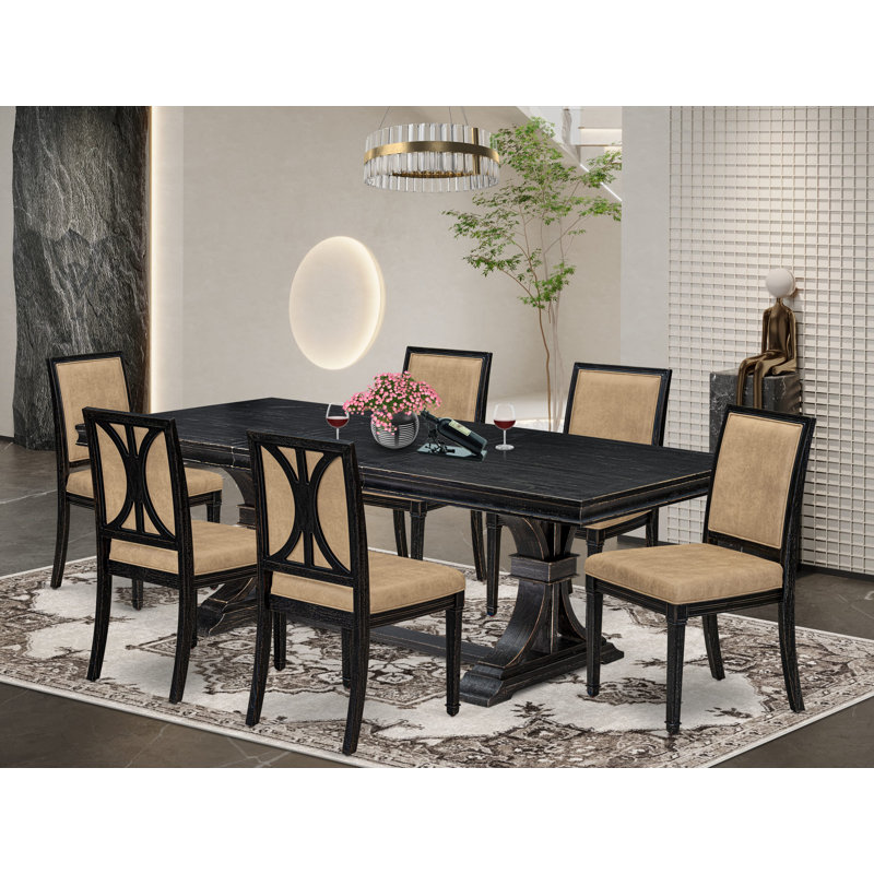 Ensemble de table de salle à manger moderne 7 pièces comprenant une table de cuisine et 6 chaises de salle à manger en tissu de polyester beige avec dossier haut - fini noir sablé