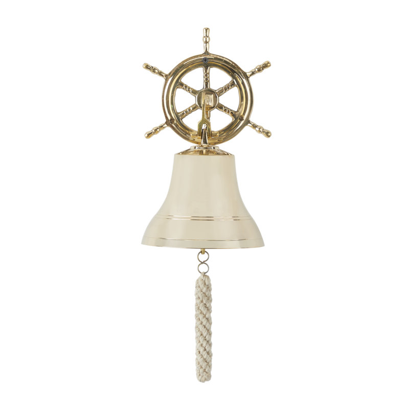 Brass Metal Indoor Outdoor Bell Silver Wall Decor with Ship wheel Backing, Gold