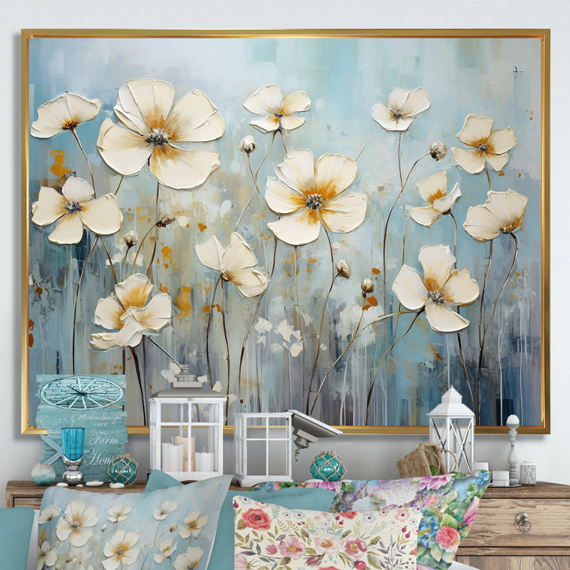 «Elegant Beige Buttercups Meadow II» sur toile, H 30 po x l 40 po, Cadre flottant doré