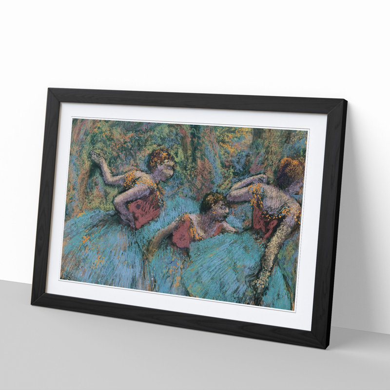 Three Ballet Ballerina Dancers in Blue by Edgar Degas - Picture Frame Painting, 27cm H x 36cm W x 2cm D, Black