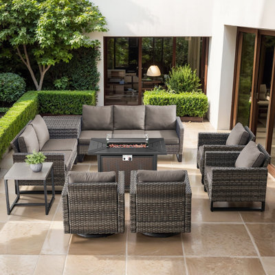 Ensemble de conversation d'extérieur en osier 9 pièces avec canapé modulaire, foyer, table pivotante et boîte de rangement Naresa