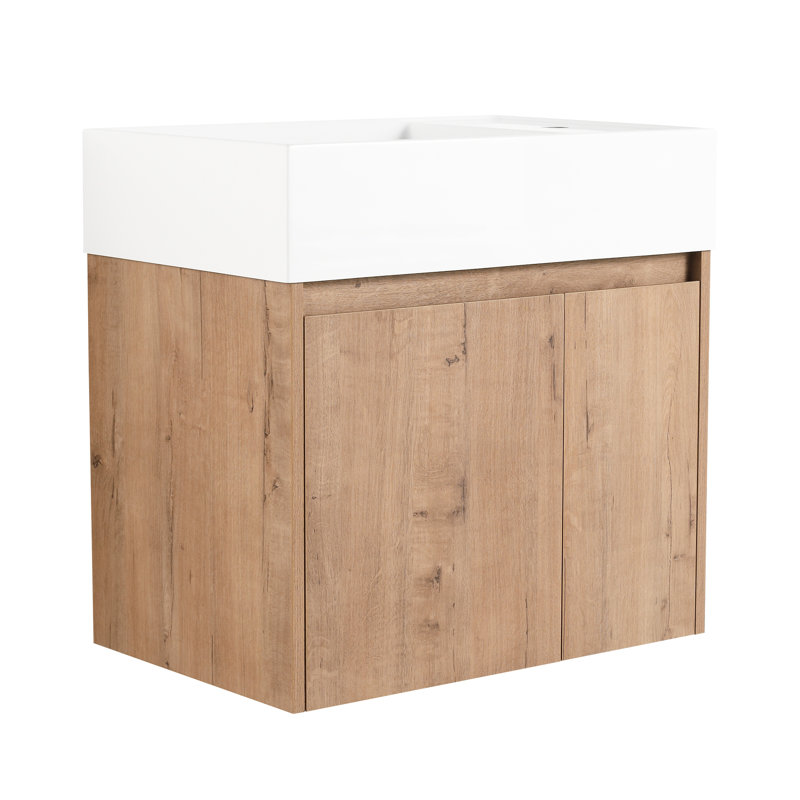 Armoire de salle de bain avec lavabo en résine - 24 po, fermeture en douceur, imitation chêne couleur meuble-lavabo 24 po, 45 poignées biseautées, ton
