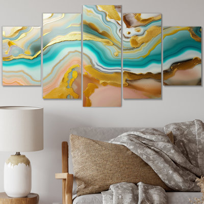 Liquide harmonie agate bleue or turquoise II - formes abstraites sur toile, 5 panneaux