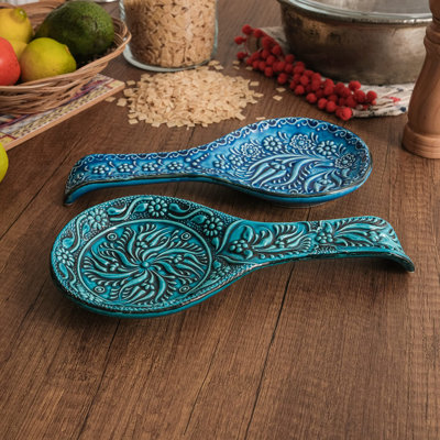 Spoon Rest Set Of 2 - Ceramic Spoon Holder For Stovetop & Kitchen Counter - Dishwasher Safe Handmade Kitchen Utensil (Turquoise 4.5" W X 9" L)