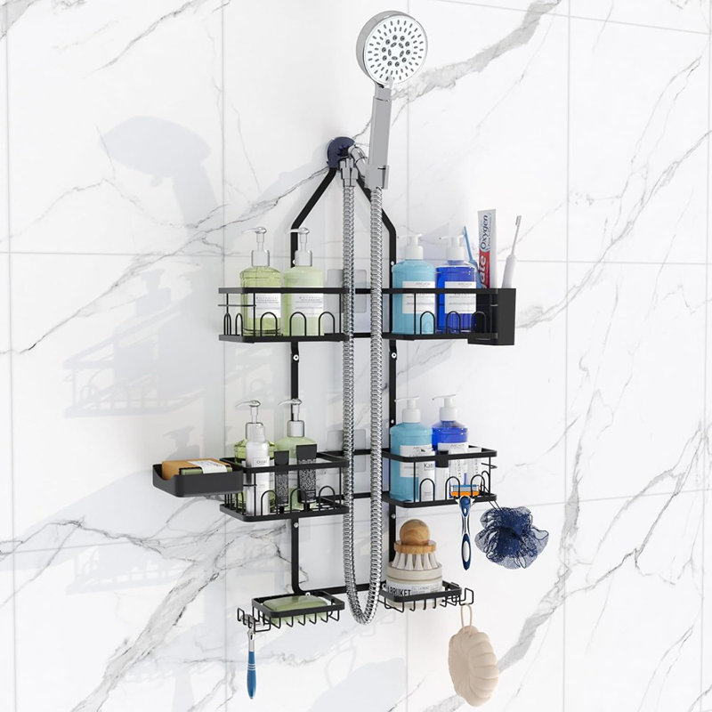 Support de douche suspendu - Argent - Organisateur réglable antirouille pour pommes de douche fixes ou à main avec crochets, porte-savon et porte-brosse à dents