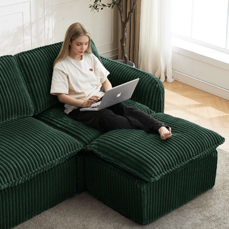 Canapé modulaire avec repose-pieds Boneless, Velours côtelé vert