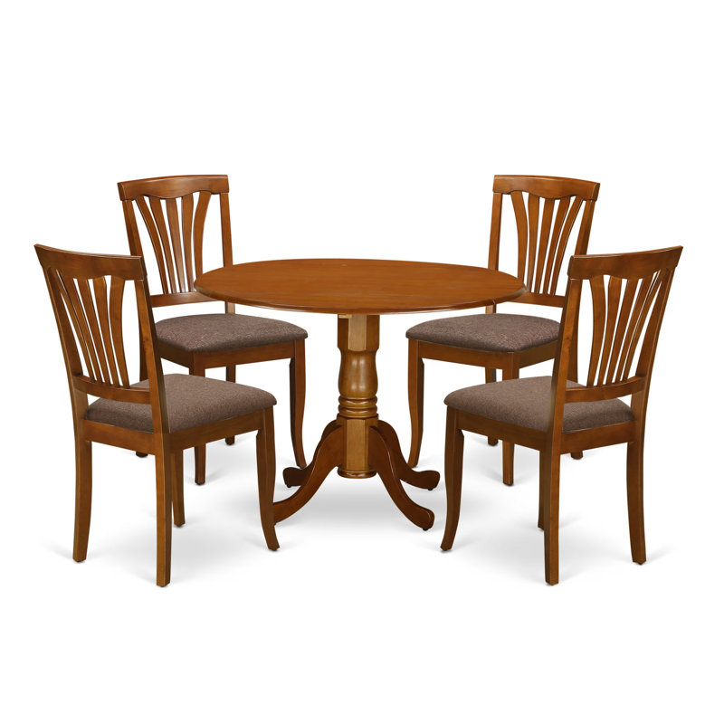Maytham Drop Leaf Solid Wood Rubberwood Dining Set, Saddle Brown/Gray Faux Leather, 5 Pieces: Table, 4 Chairs