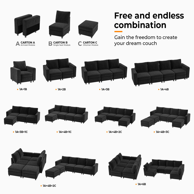 Canapé modulaire 5 pièces VINGLI, Chenille noir