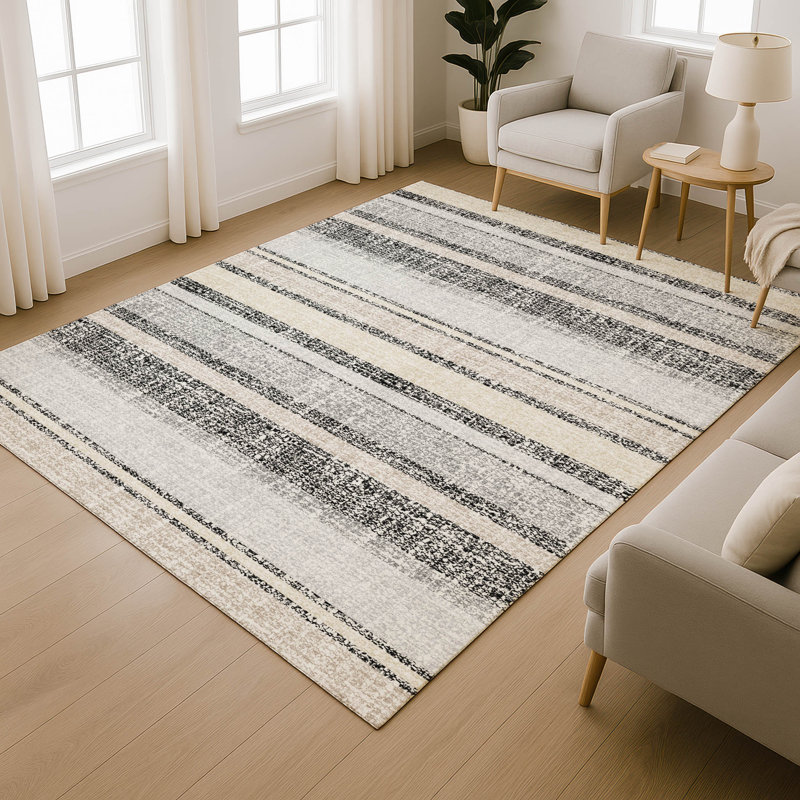Premium Machine Washable Mayfield AMF2122 Striped Rug, 5' x 7'6", Black