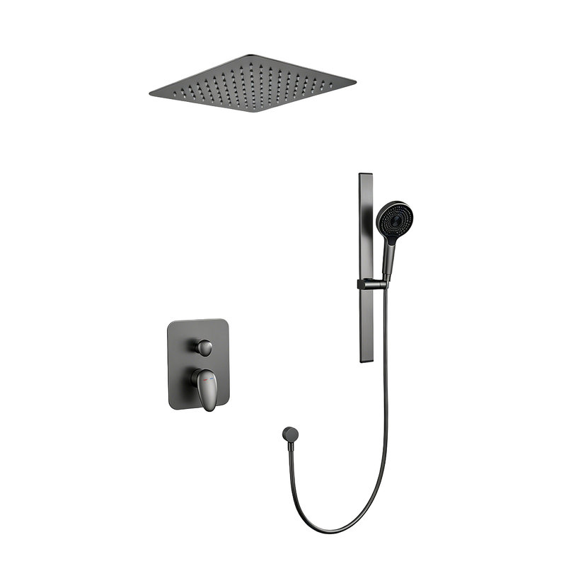 Système de douche encastré gris brossé 0Ontz avec barre coulissante, ensemble de douche murale en laiton massif à 2 fonctions, douche de pluie carrée à haute pression et douche à main ronde à 4 modes, ensemble de garniture de mélangeur d'eau chaude et froide à deux poignées pour la salle de bain