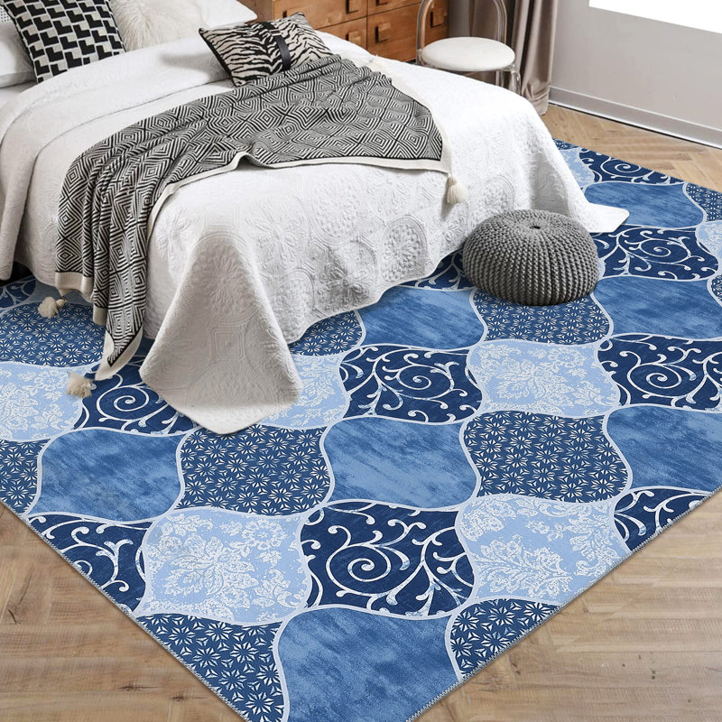 Washable Area Rug, Geometric Trellis Low Profile Non Slip Foldable Indoor Carpet, Chenille Polyester, Blue Tone, 8'x10', Blue