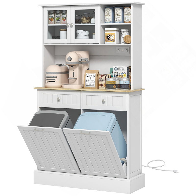 Cabinet 68" Kitchen Pantry Storage With Charging Station, 2 Tilt Out Trash Cabinets And Microwave Stand, Freestanding Kitchen Hutch With Glass Doors And Adjustable Shelf, White