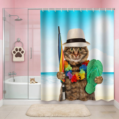 Rideau de douche drôle de chat, rideau de salle de bain animal mignon en polyester imperméable avec 12 crochets, 71 x 71 pouces, impression de chat ludique pour la décoration de salle de bain
